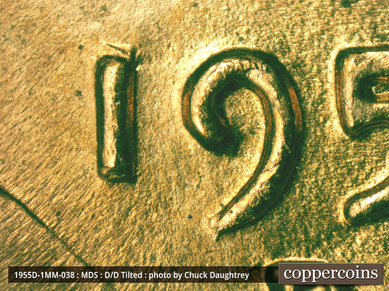 Die-stage B marker on 1955D•1MM•038 (1955 Repunched Mint Mark).