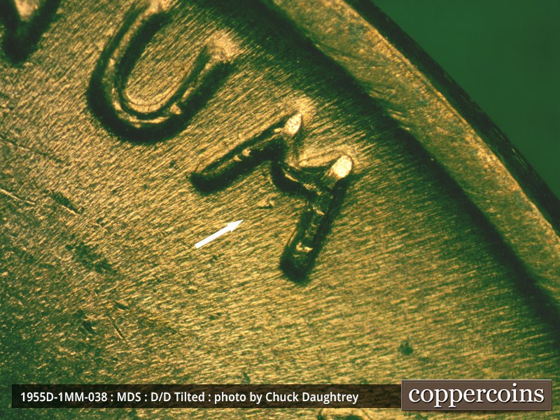 Die-stage B marker on 1955D•1MM•038 (1955 Repunched Mint Mark).