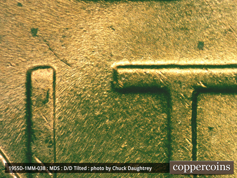 Die-stage B marker on 1955D•1MM•038 (1955 Repunched Mint Mark).