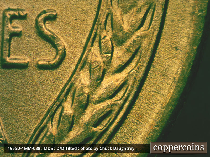 Die-stage B marker on 1955D•1MM•038 (1955 Repunched Mint Mark).