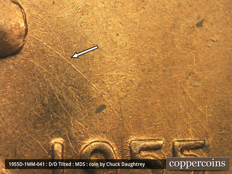 Die-stage B marker on 1955D•1MM•041 (1955 Repunched Mint Mark).