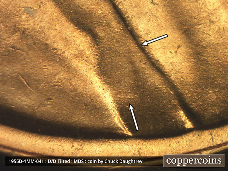 Die-stage B marker on 1955D•1MM•041 (1955 Repunched Mint Mark).