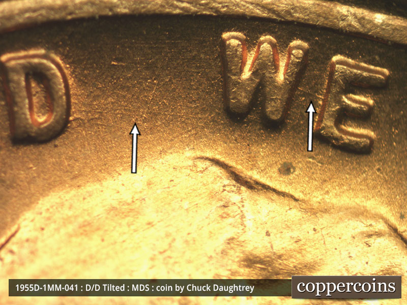 Die-stage B marker on 1955D•1MM•041 (1955 Repunched Mint Mark).