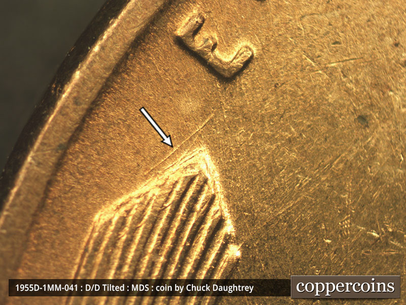 Die-stage B marker on 1955D•1MM•041 (1955 Repunched Mint Mark).