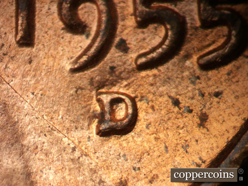 Die-stage A marker on 1955D•1MM•042 (1955 Repunched Mint Mark).