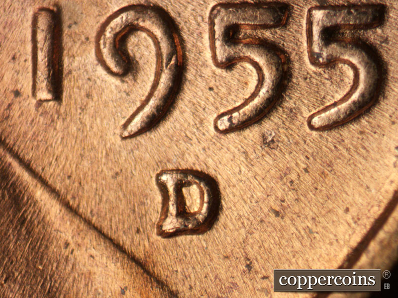 1955 Lincoln cent obverse, CopperCoins die 1955D•1MM•042.