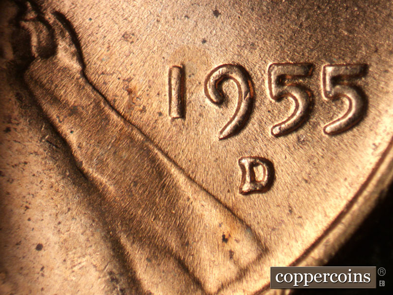Die-stage B marker on 1955D•1MM•042 (1955 Repunched Mint Mark).