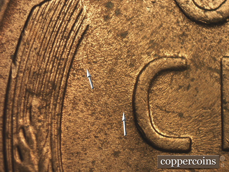 Die-stage B marker on 1955D•1MM•044 (1955 Repunched Mint Mark).