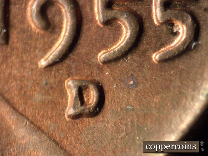 1955 Lincoln cent obverse, CopperCoins die 1955D•1MM•045.