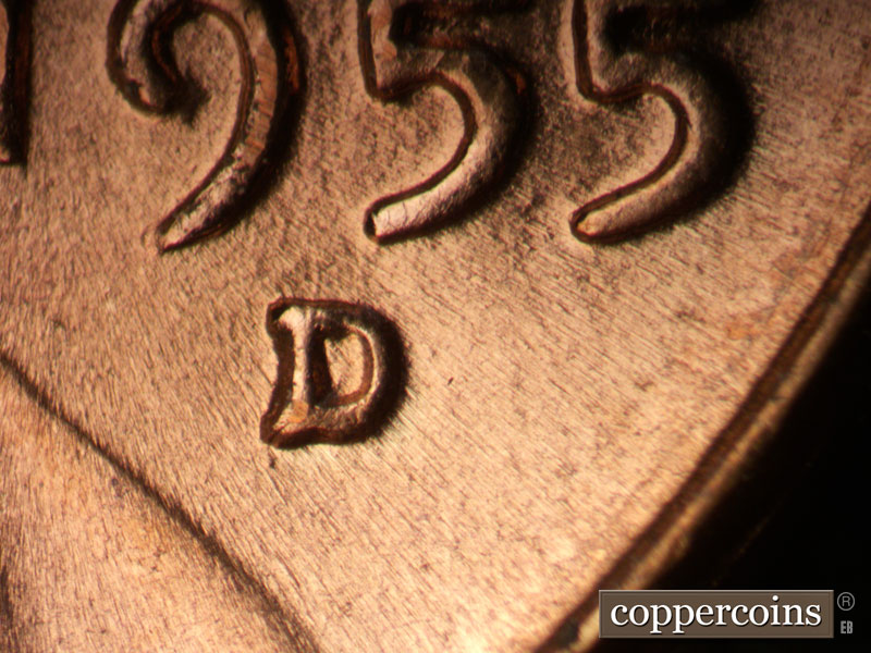 1955 Lincoln cent obverse, CopperCoins die 1955D•1MM•046.