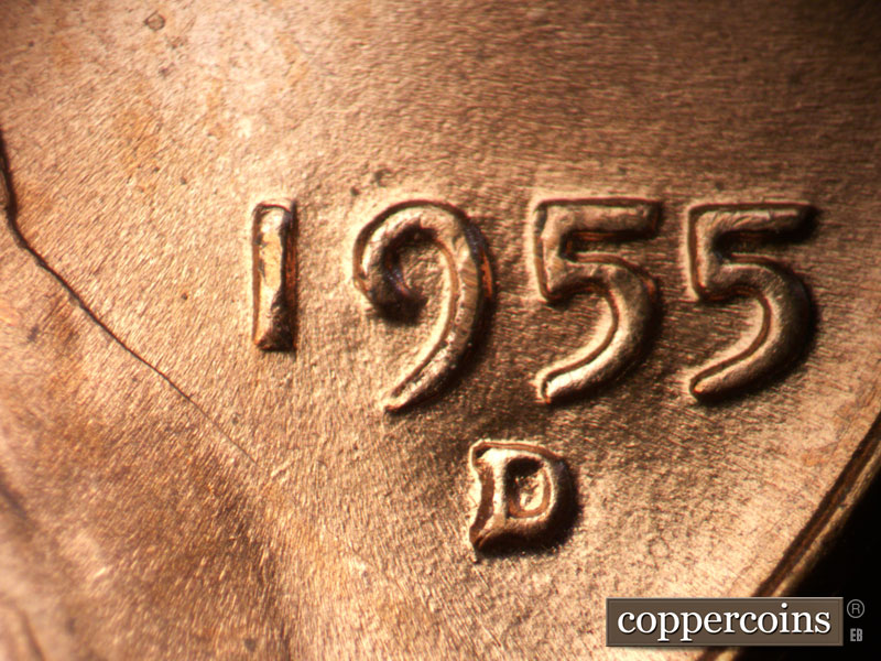 Die-stage B marker on 1955D•1MM•046 (1955 Repunched Mint Mark).