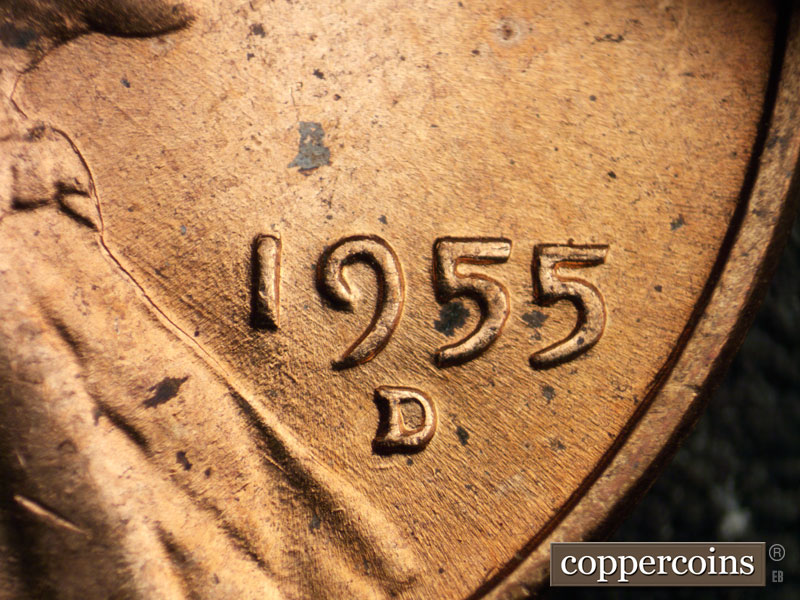 Die-stage B marker on 1955D•1MM•049 (1955 Repunched Mint Mark).