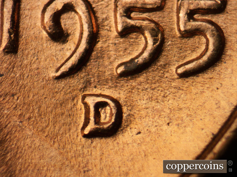 1955 Lincoln cent obverse, CopperCoins die 1955D•1MM•050.