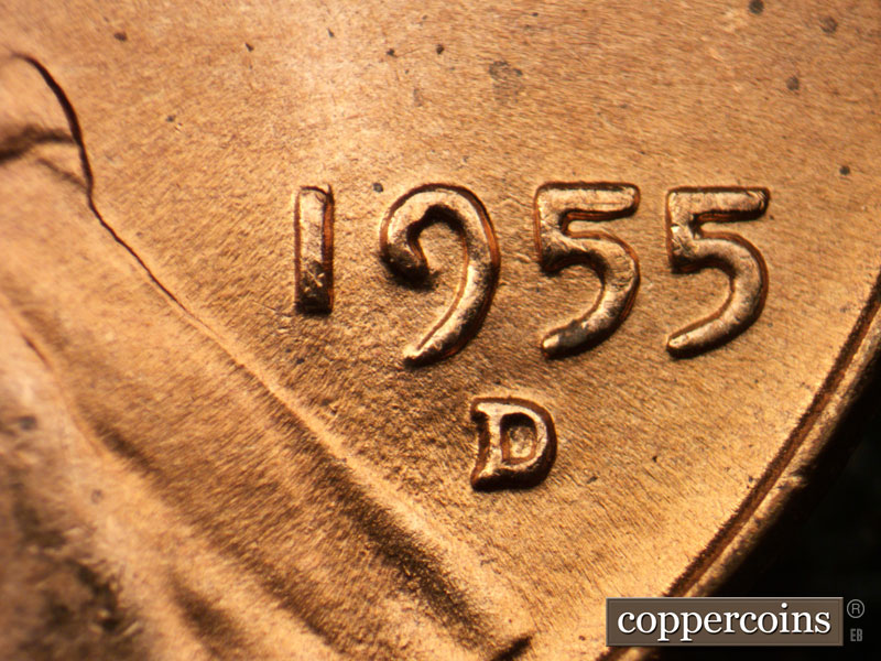 Die-stage B marker on 1955D•1MM•050 (1955 Repunched Mint Mark).