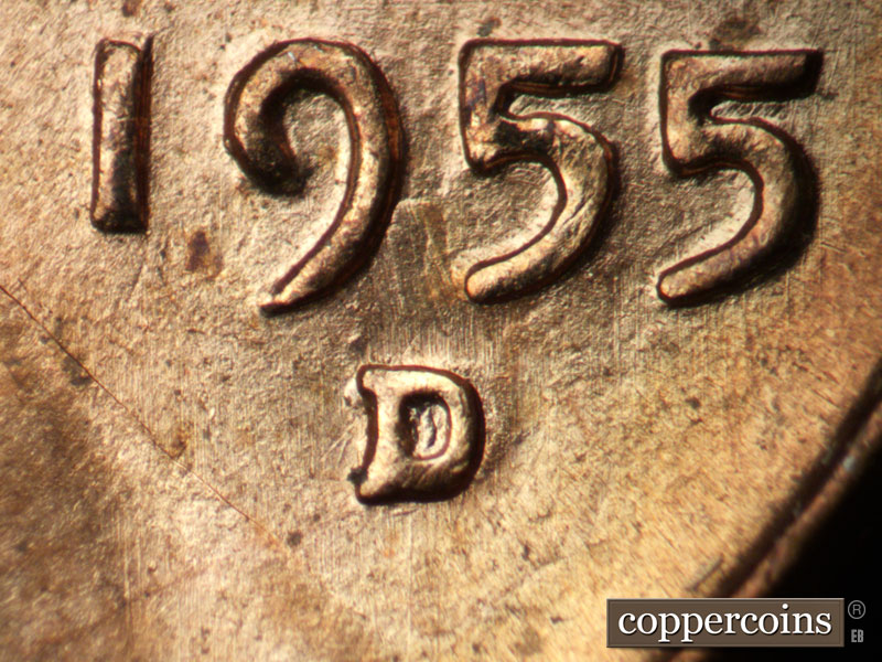 Die-stage C marker on 1955D•1MM•050 (1955 Repunched Mint Mark).