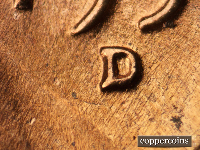 1955 Lincoln cent obverse, CopperCoins die 1955D•1MM•051.