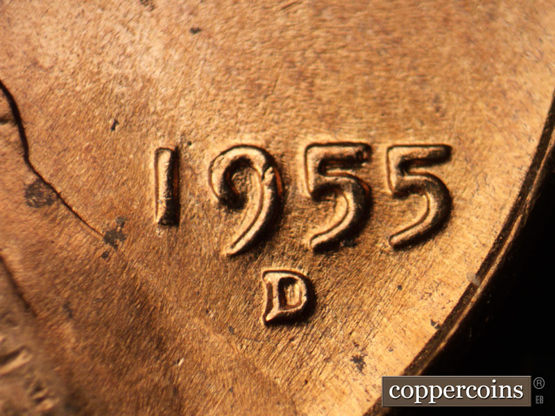 Die-stage B marker on 1955D•1MM•051 (1955 Repunched Mint Mark).