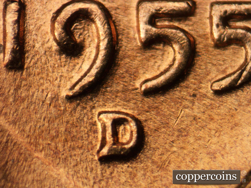Die-stage C marker on 1955D•1MM•051 (1955 Repunched Mint Mark).