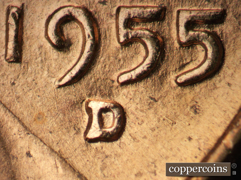 1955 Lincoln cent obverse, CopperCoins die 1955D•1MM•055.