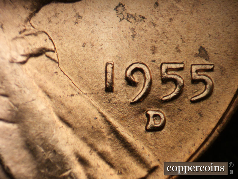 Die-stage B marker on 1955D•1MM•055 (1955 Repunched Mint Mark).