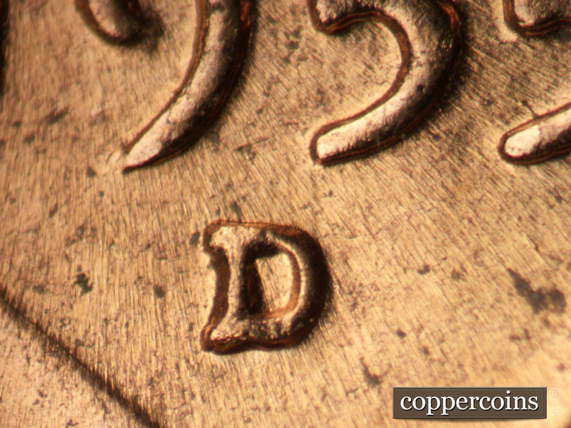 1955 Lincoln cent obverse, CopperCoins die 1955D•1MM•056.