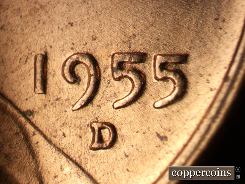 Die-stage B marker on 1955D•1MM•056 (1955 Repunched Mint Mark).