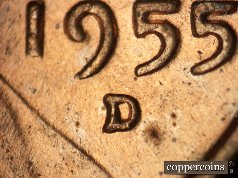 Die-stage C marker on 1955D•1MM•056 (1955 Repunched Mint Mark).