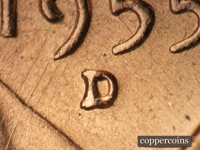 1955 Lincoln cent obverse, CopperCoins die 1955D•1MM•057.