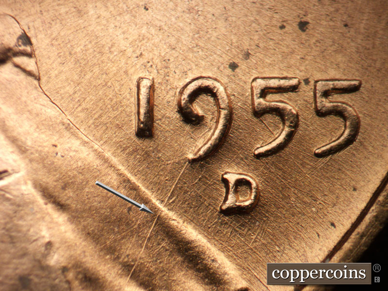 Die-stage B marker on 1955D•1MM•057 (1955 Repunched Mint Mark).