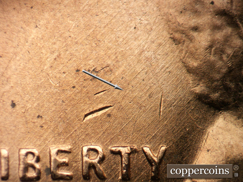 Die-stage B marker on 1955D•1MM•057 (1955 Repunched Mint Mark).