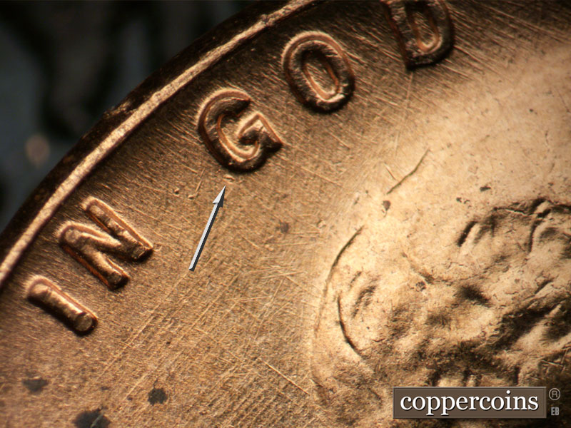 Die-stage B marker on 1955D•1MM•057 (1955 Repunched Mint Mark).