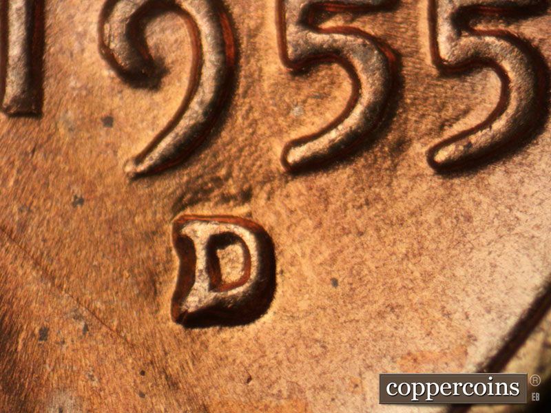 Die-stage A marker on 1955D•1MM•058 (1955 Repunched Mint Mark).
