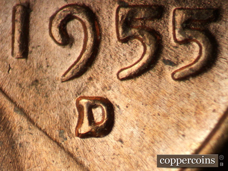 1955 Lincoln cent obverse, CopperCoins die 1955D•1MM•058.