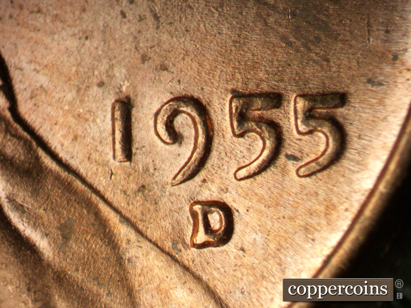 Die-stage B marker on 1955D•1MM•058 (1955 Repunched Mint Mark).