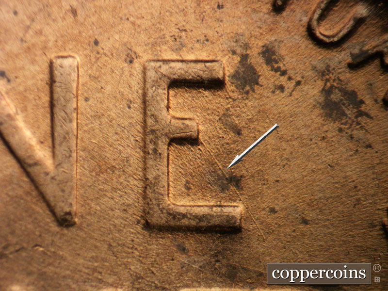 Die-stage B marker on 1955D•1MM•058 (1955 Repunched Mint Mark).