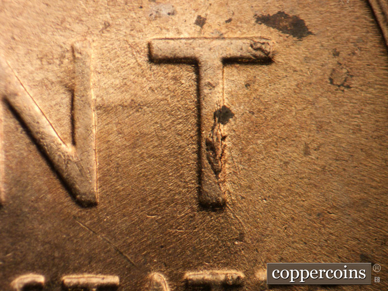 Die-stage B marker on 1955D•1MM•058 (1955 Repunched Mint Mark).