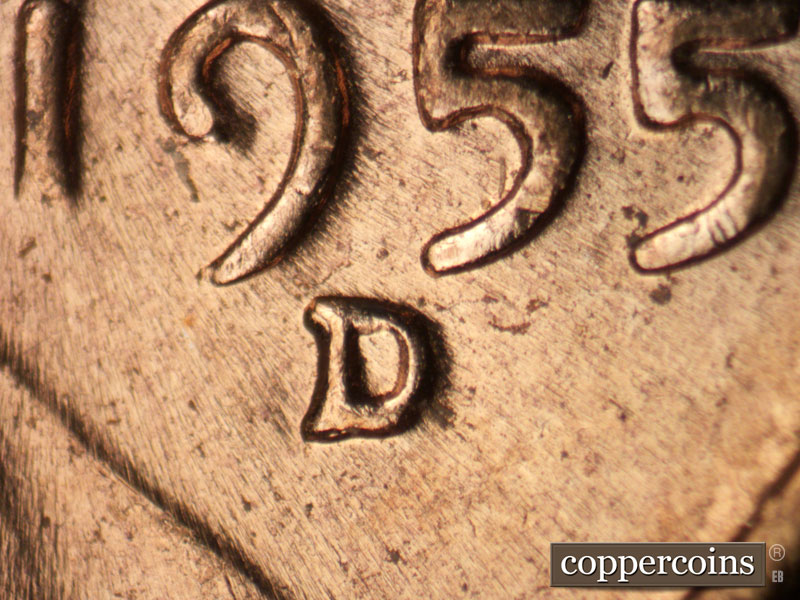 Die-stage C marker on 1955D•1MM•060 (1955 Repunched Mint Mark).