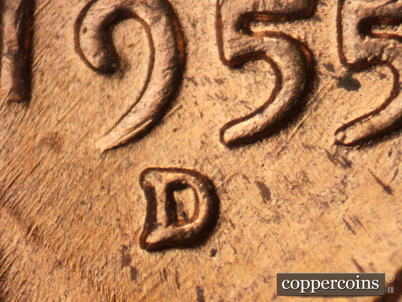 1955 Lincoln cent obverse, CopperCoins die 1955D•1MM•061.
