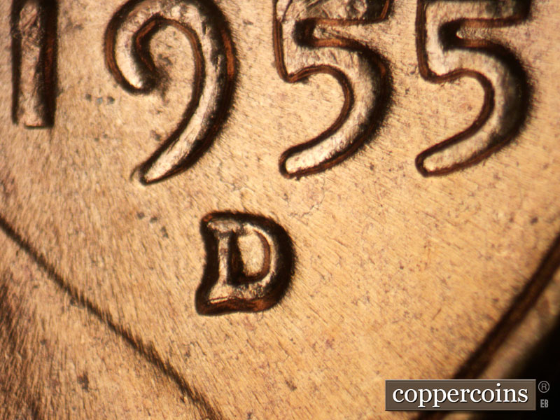 Die-stage C marker on 1955D•1MM•062 (1955 Repunched Mint Mark).