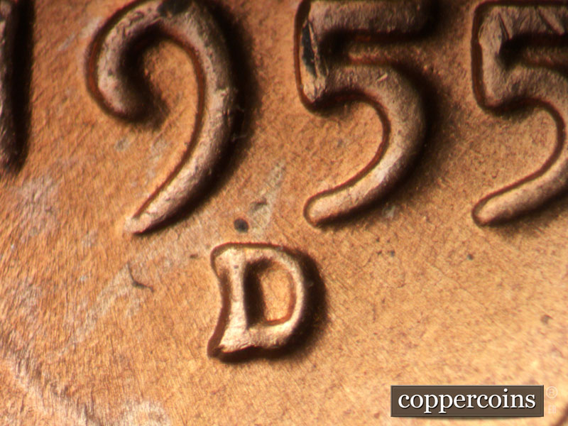 Die-stage C marker on 1955D•1MM•064 (1955 Repunched Mint Mark).