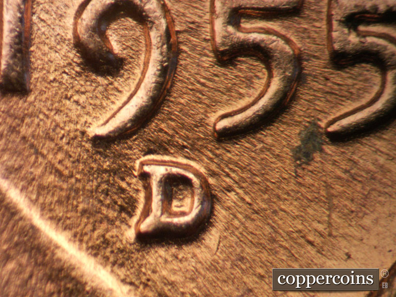 1955 Lincoln cent obverse, CopperCoins die 1955D•1MM•065.