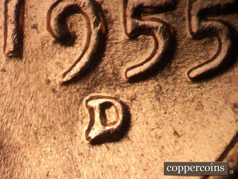 1955 Lincoln cent obverse, CopperCoins die 1955D•1MM•066.