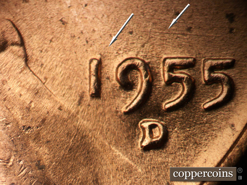 Die-stage B marker on 1955D•1MM•066 (1955 Repunched Mint Mark).