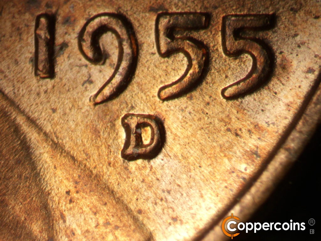 Die-stage B marker on 1955D•1MM•072 showing Closeup of repunched mint mark.