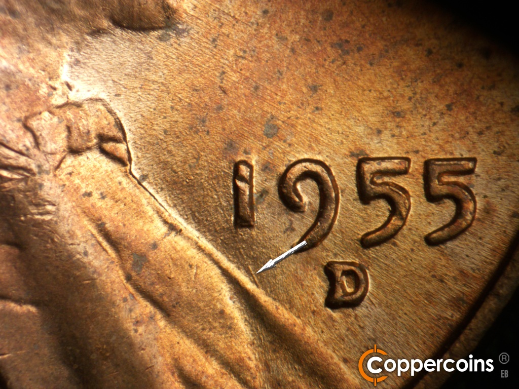Die-stage B marker on 1955D•1MM•072 showing NNW die scratch from lapel up toward 1 in date.