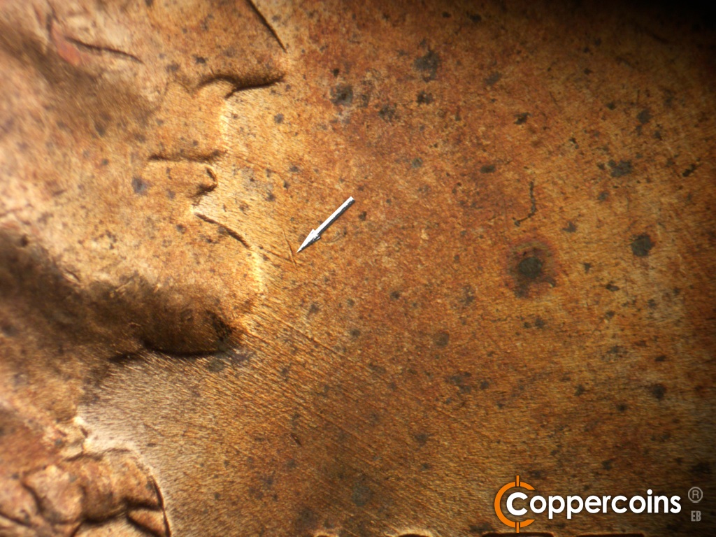 Die-stage B marker on 1955D•1MM•072 showing ESE die scratches from chin.