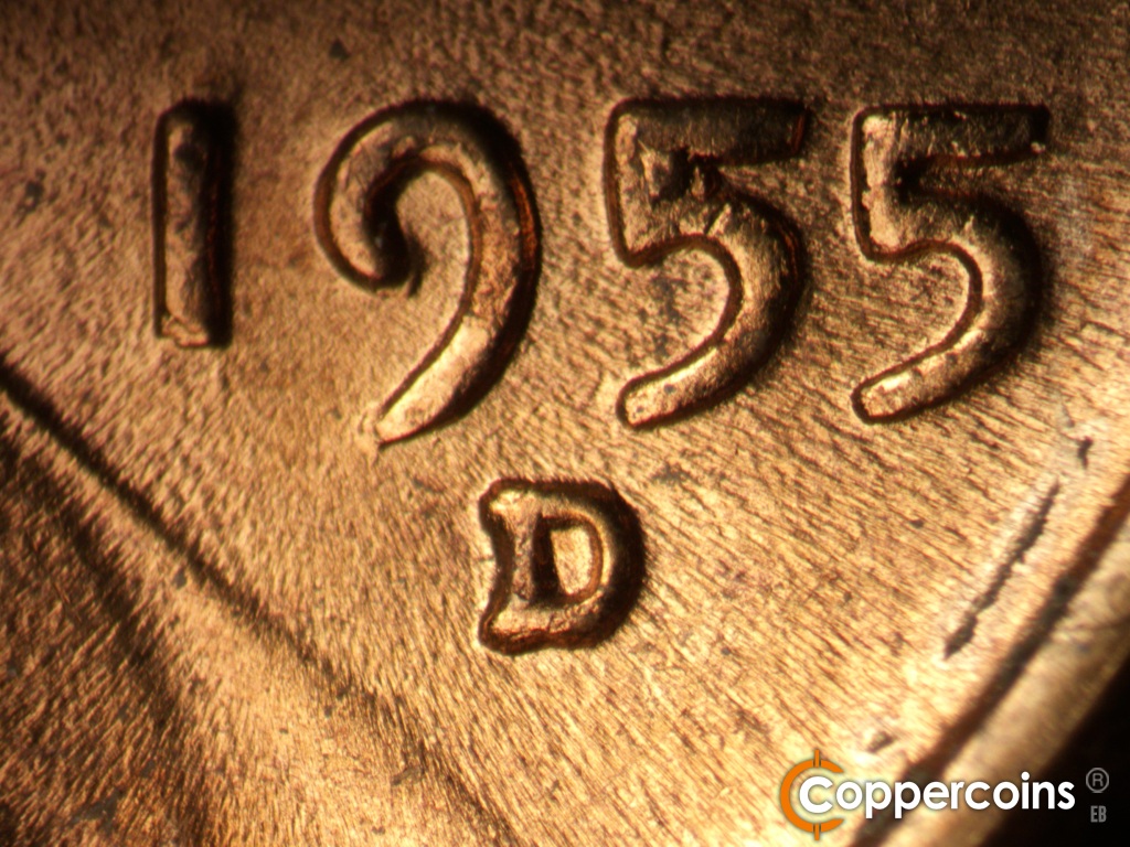 Die-stage C marker on 1955D•1MM•072 showing Closeup of repunched mint mark. First 5 in date has a die chip on it.