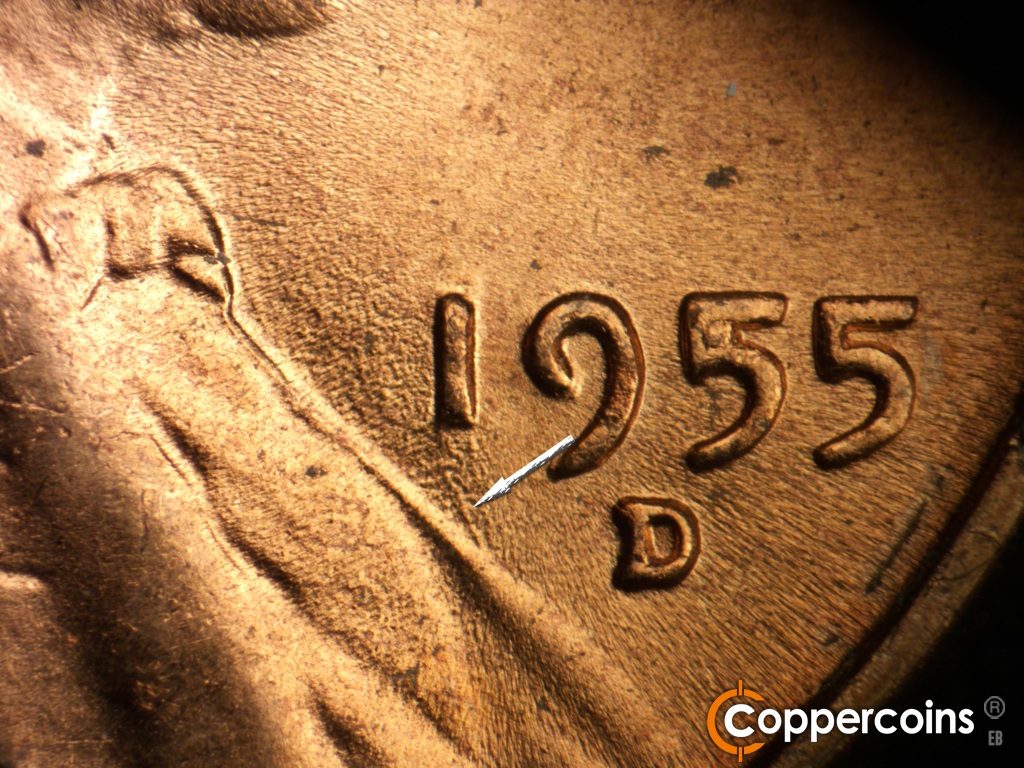 Die-stage C marker on 1955D•1MM•072 showing Worn NNW die scratch still visible from stage B.