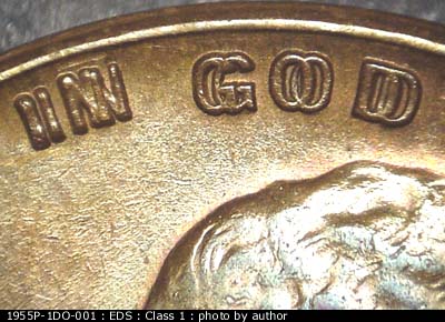 Die-stage A marker on 1955P•1DO•001 (1955 Doubled Die Obverse).