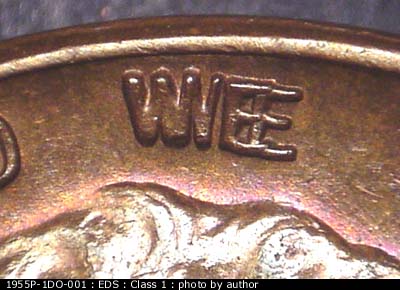 Die-stage A marker on 1955P•1DO•001 (1955 Doubled Die Obverse).